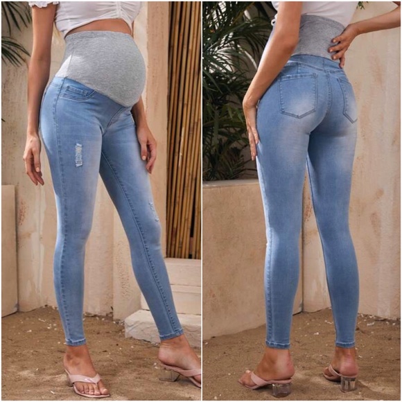 Maternity Wide Band Stretchy Waist Light Wash Distressed Denim Skinny Jeans - Picture 2 of 2